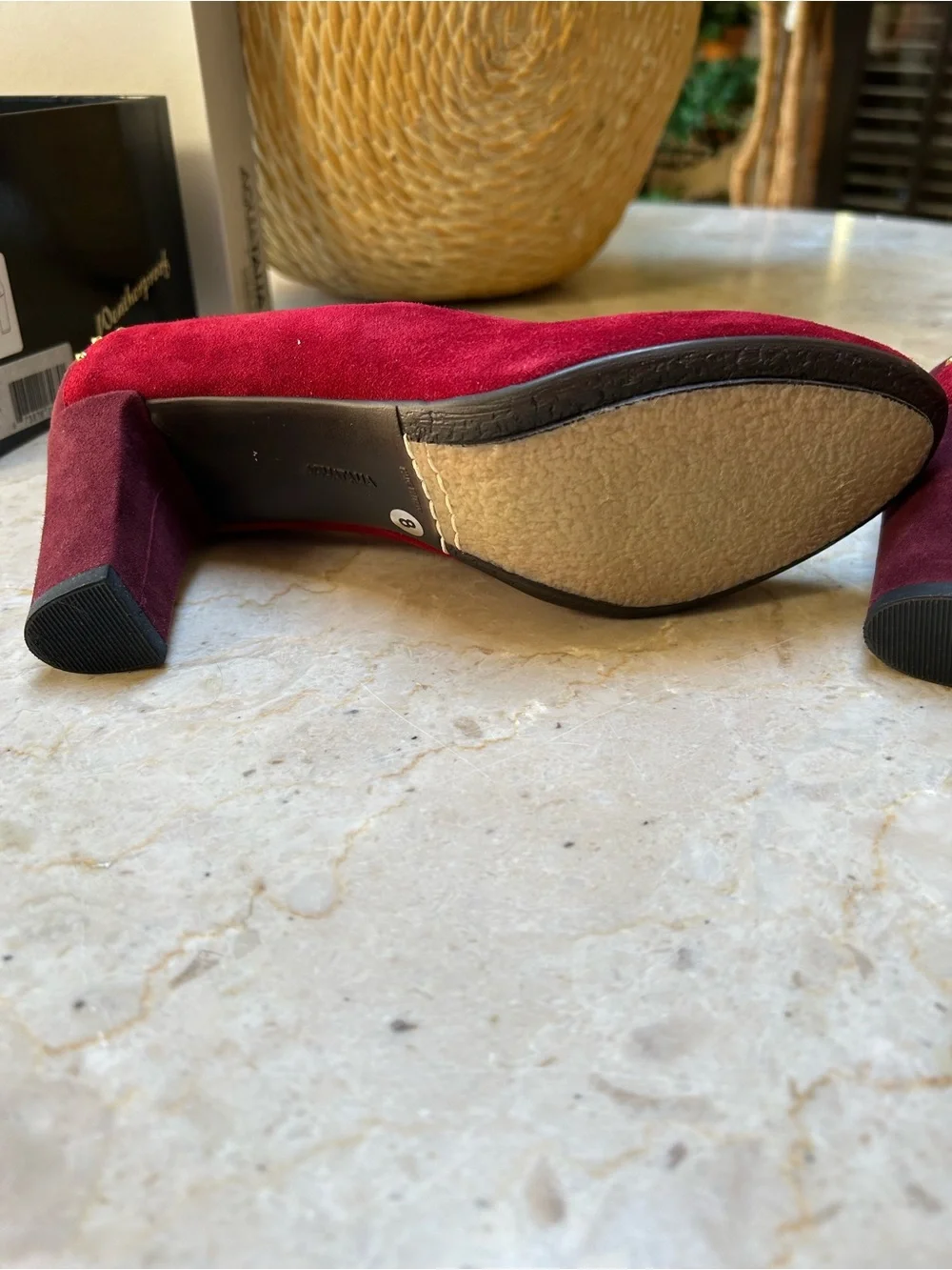 Aquatalia Burgundy Suede Block Heel Pumps with Gold Studs